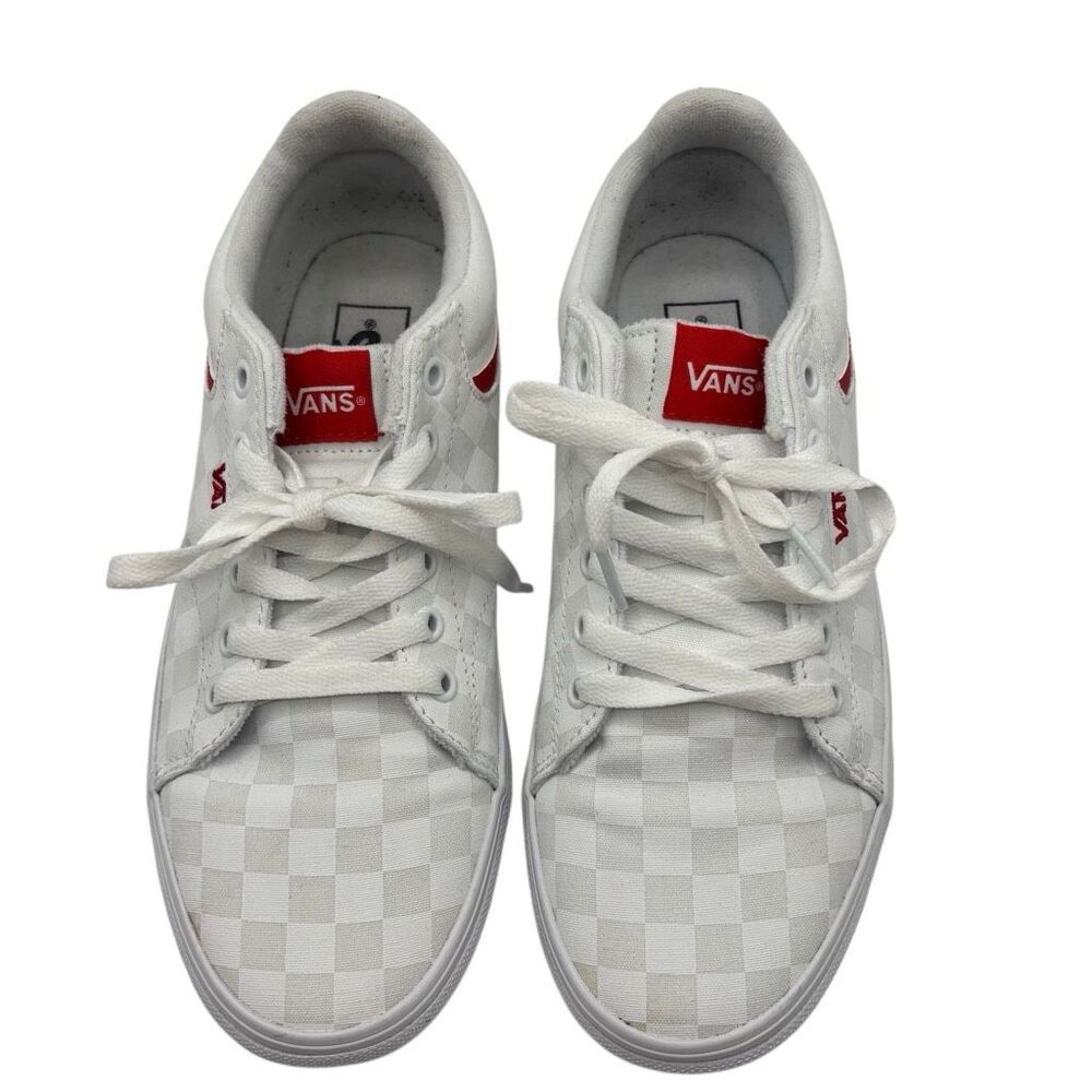 Vans Ward Low Top Sneakers White Checkerboard Red Logo Lace Up Skate Shoes W-9.5 - Picture 2 of 8